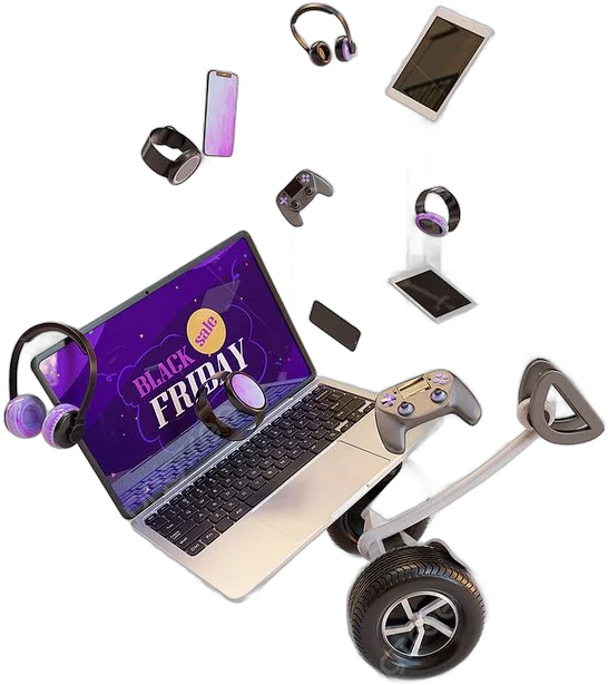 Laptop, phone, headphones and gadgets floating in the air