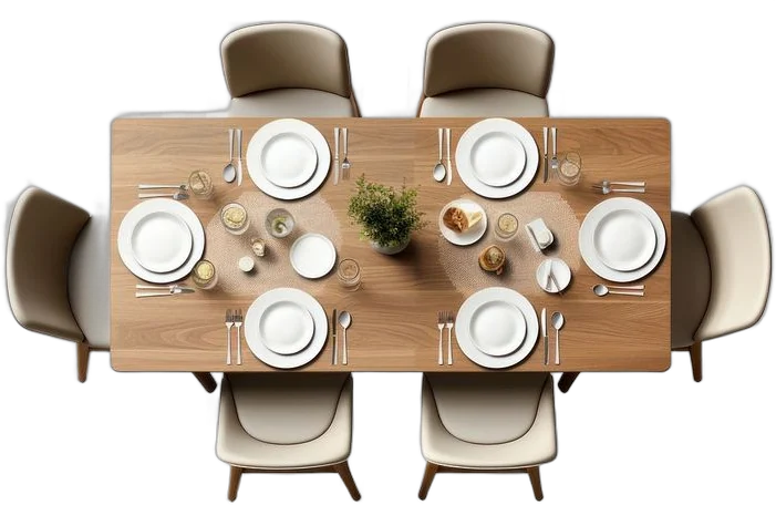 Dining table set for six, seen from above