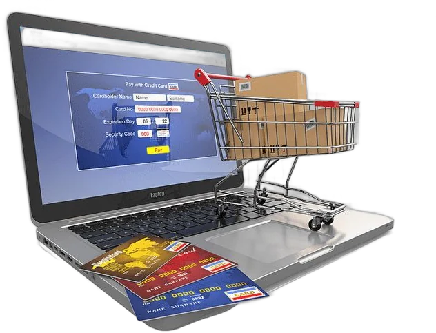 Laptop with an online checkout, shopping cart and payment cards