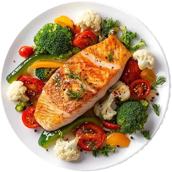 Plate of grilled salmon with vegetables