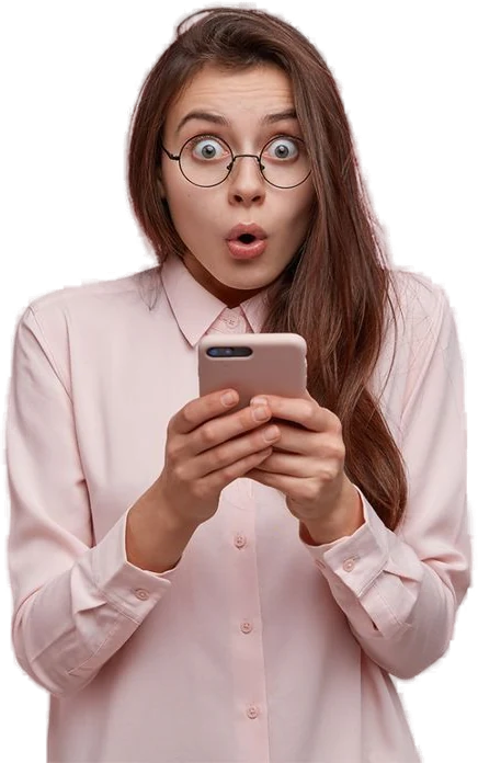 Customer reacting with surprise to a reward on her phone