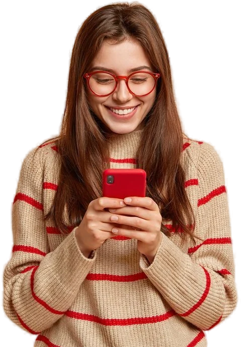 Customer smiling while checking rewards on her phone