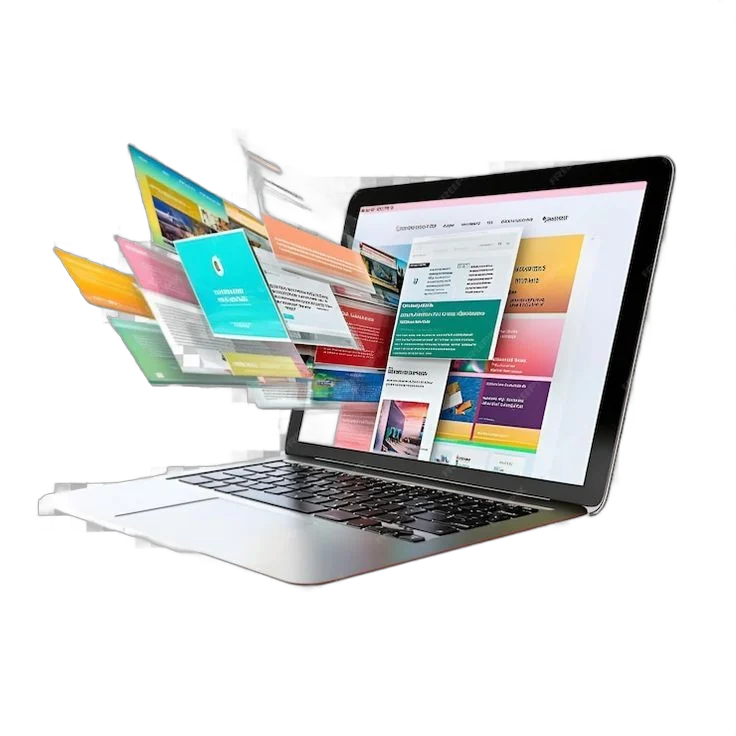 Laptop with digital content and apps floating from the screen
